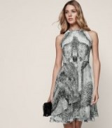 REISS SIBILLA BURNOUT-DETAIL DRESS – sleeveless fit and flare ~ grey snake print