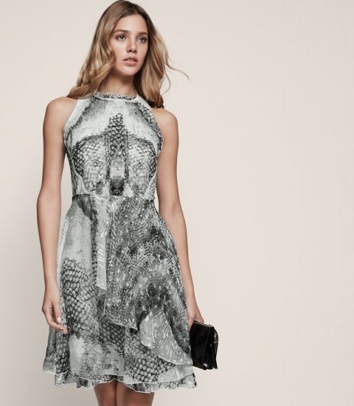 REISS SIBILLA BURNOUT-DETAIL DRESS – sleeveless fit and flare ~ grey snake print - flipped