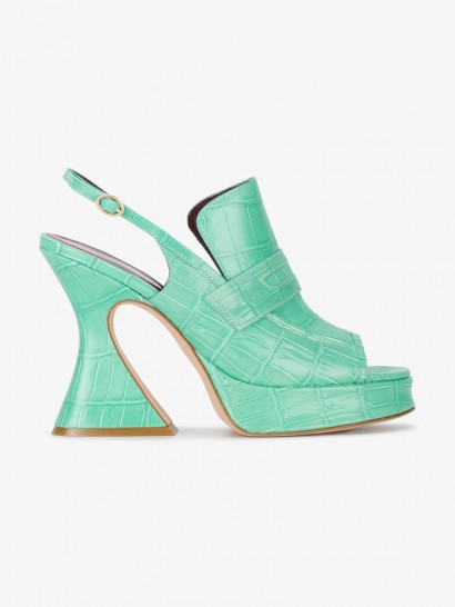 Sies Marjan Ellie Crocodile Embossed Slingback Sandals ~ green leather curved heel slingbacks ~ luxe platforms