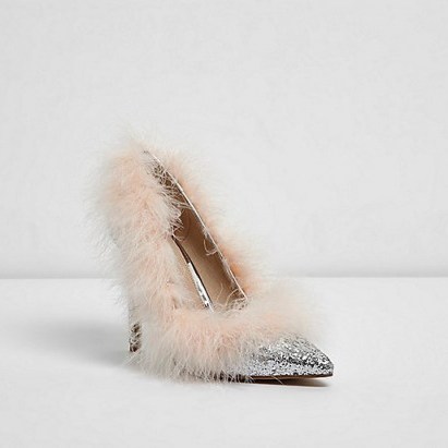 River Island Silver glitter fur trim trim court shoes – luxe fluffy courts - flipped