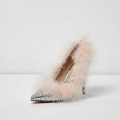 River Island Silver glitter fur trim trim court shoes – luxe fluffy courts