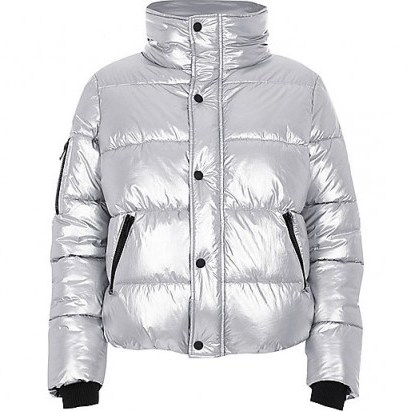 River Island Silver metallic puffer jacket ~ padded funnel neck jackets - flipped