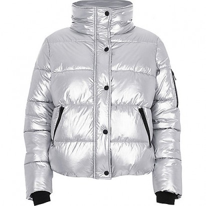 River Island Silver metallic puffer jacket ~ padded funnel neck jackets