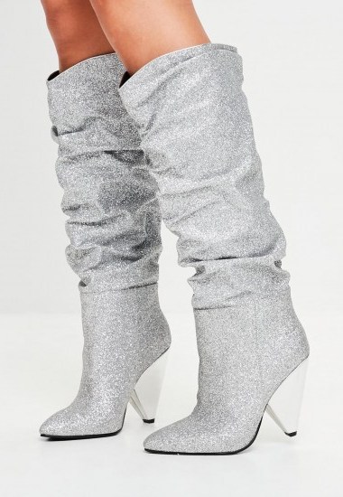 Missguided silver ruched calf boots ~ slouchy glitter boots - flipped
