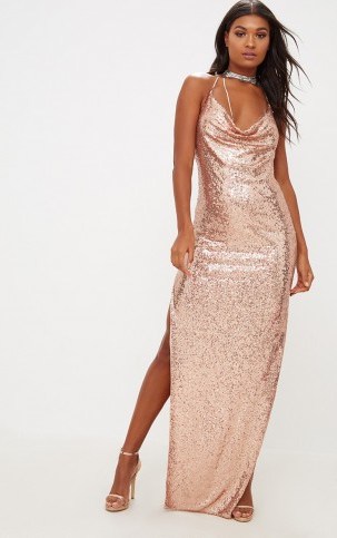 PRETTY LITTLE THING ROSE GOLD SEQUIN CHAIN CHOKER MAXI DRESS – going out glamour - flipped