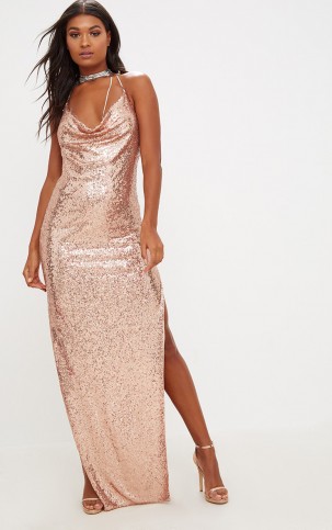 PRETTY LITTLE THING ROSE GOLD SEQUIN CHAIN CHOKER MAXI DRESS – going out glamour
