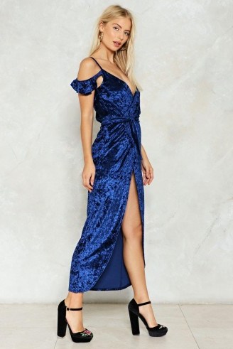 Nast Gal Slit Back and Let It Happen Velvet Dress – long blue cold shoulder dresses - flipped