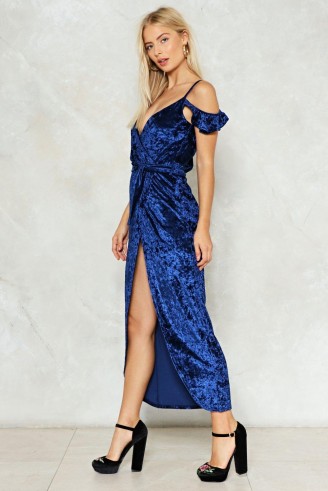 Nast Gal Slit Back and Let It Happen Velvet Dress – long blue cold shoulder dresses