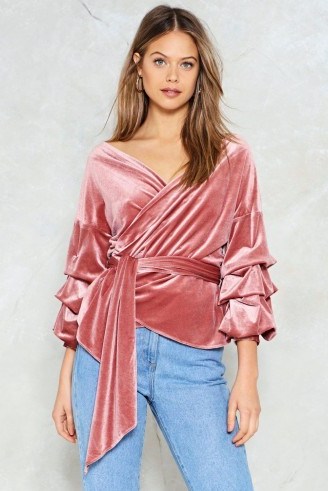Nasty Gal Soft Touch Velvet Wrap Top ~ rose-pink waist tie tops - flipped