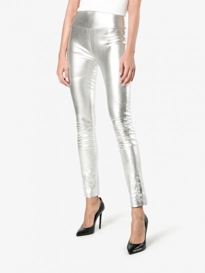 Sprwmn High Waisted Slim-Fit Leggings / skinny leather pants / shiny silver