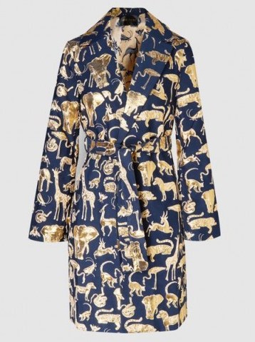 ‎STINE GOYA‎ Animaux Marcelo Belted Coat ~ blue and metallic-gold animal print coats ~ luxe outerwear - flipped