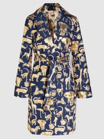‎STINE GOYA‎ Animaux Marcelo Belted Coat ~ blue and metallic-gold animal print coats ~ luxe outerwear