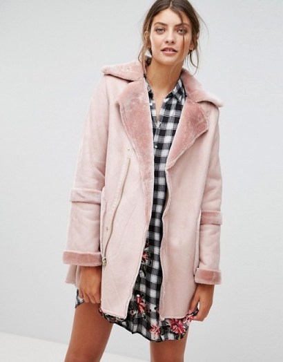 Stradivarius Faux Shearling Jacket ~ pink fur coats - flipped