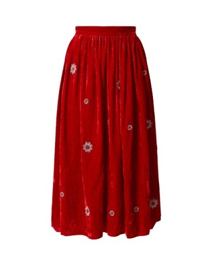 JUPE BY JACKIE Strock floral-embroidered silk-velvet skirt | red gathered waist midi skirts - flipped