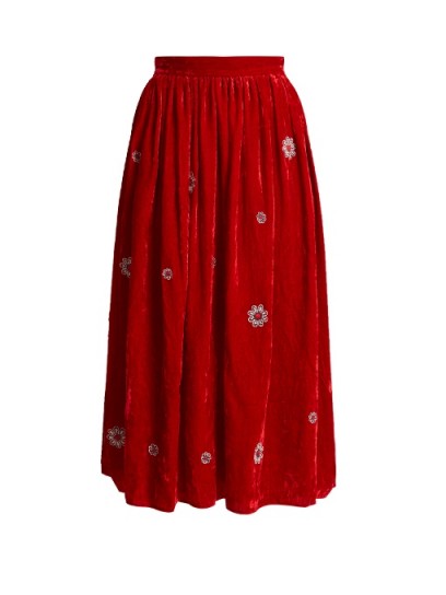 JUPE BY JACKIE Strock floral-embroidered silk-velvet skirt | red gathered waist midi skirts