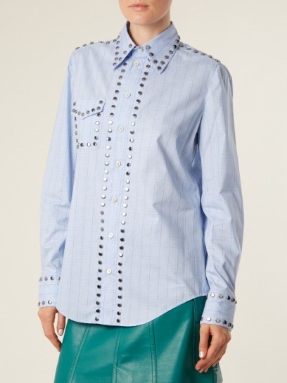 PRADA Stud-trimmed checked cotton shirt ~ blue and white check print studded shirts - flipped