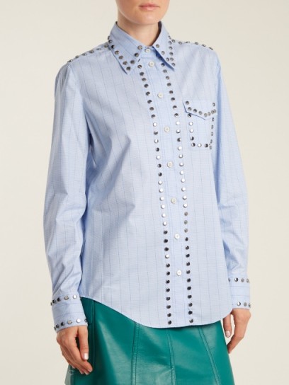 PRADA Stud-trimmed checked cotton shirt ~ blue and white check print studded shirts