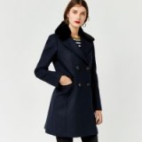 WAREHOUSE SWING FAUX FUR COLLAR COAT / smart navy-blue coats