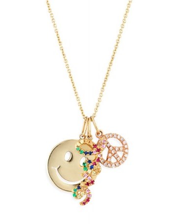 Sydney Evan Peace, Love & Happiness Charm Necklace with Diamonds & Sapphires | gemstone necklace charms | luxe necklaces - flipped