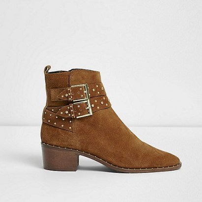 River Island Tan double buckle studded western boots ~ light brown buckled ankle boot - flipped