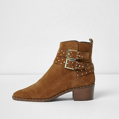River Island Tan double buckle studded western boots ~ light brown buckled ankle boot