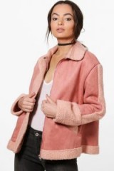 BOOHOO Tanya Teddy Fur Trim Biker ~ pink jackets