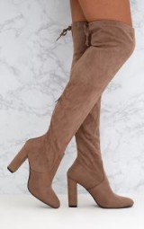 PRETTYLITTLETHING TAUPE FAUX SUEDE OVER THE KNEE BOOTS – winter footwear – neutrals