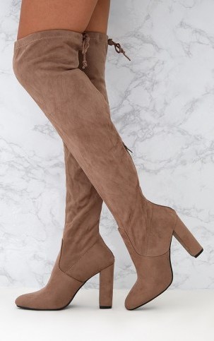 PRETTYLITTLETHING TAUPE FAUX SUEDE OVER THE KNEE BOOTS – winter footwear – neutrals - flipped