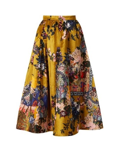 ERDEM Teresa floral-print velvet midi skirt | luxe yellow/gold skirts - flipped