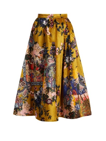 ERDEM Teresa floral-print velvet midi skirt | luxe yellow/gold skirts