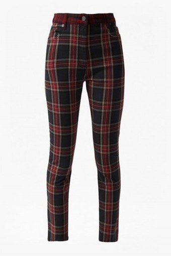 FRENCH CONNECTION Tillie Tartan High Rise Denim Skinny Jeans | red check trousers - flipped