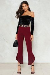 Nasty Gal To the Ends of the Earth Ruffle Pants – burgundy ruffled hem trousers – going out fashion