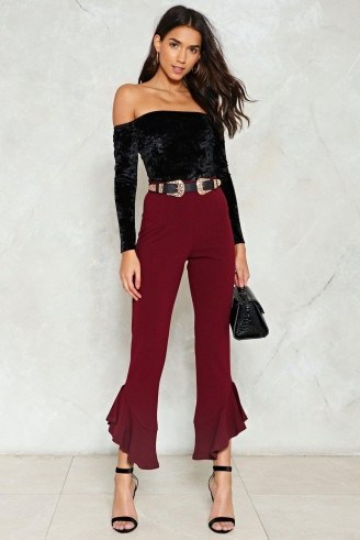 Nasty Gal To the Ends of the Earth Ruffle Pants – burgundy ruffled hem trousers – going out fashion - flipped