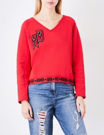 TOMMY HILFIGER Tommy Hilfiger x Gigi Hadid logo-embroidered jersey sweatshirt | red V-neck sweatshirts - flipped