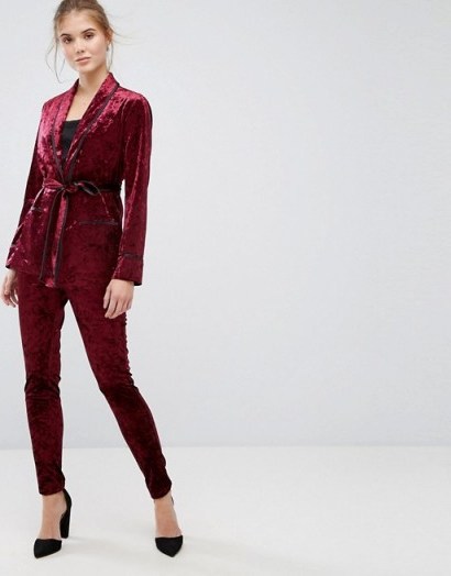True Decadence Premium Crushed Velvet Skinny Pant | burgundy-red trousers - flipped