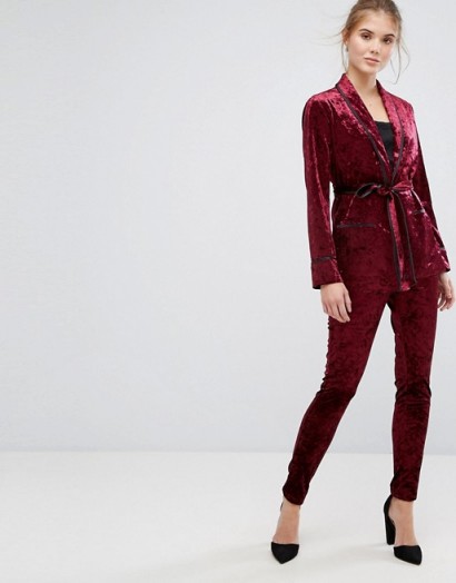 True Decadence Premium Crushed Velvet Skinny Pant | burgundy-red trousers