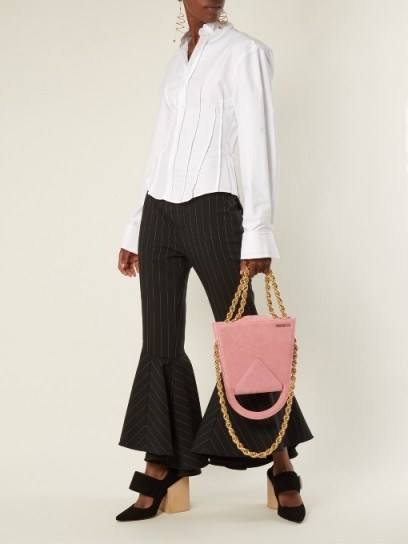 JACQUEMUS Upside-down triple-chain suede bag / pink suede bags / contemporary handbags - flipped