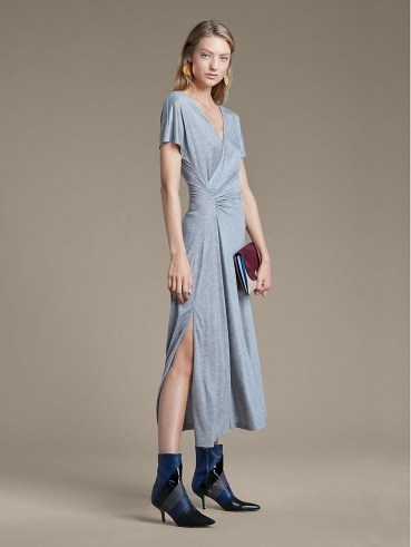 Diane von Furstenberg V Neck Ruched Midi Dress | grey soft jersey dresses - flipped