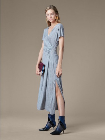 Diane von Furstenberg V Neck Ruched Midi Dress | grey soft jersey dresses