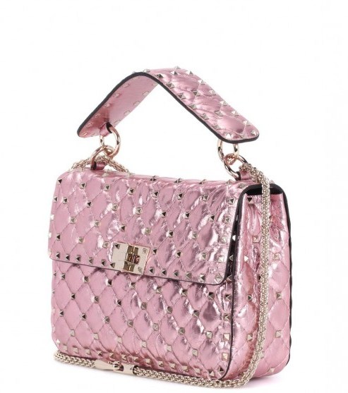 NEW ARRIVAL VALENTINO Valentino Garavani Rockstud Spike metallic leather shoulder bag / pink shiny bags / quilted handbags - flipped