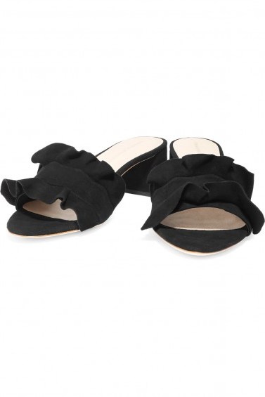 LOEFFLER RANDALL Vera ruffle-trimmed suede sandals ~ ruffled black slip on sandal - flipped