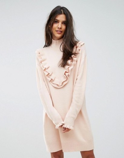 Vero Moda Jumper Dress With Ruffle Detail – blush pink knitted dresses – ruffled knitwear - flipped