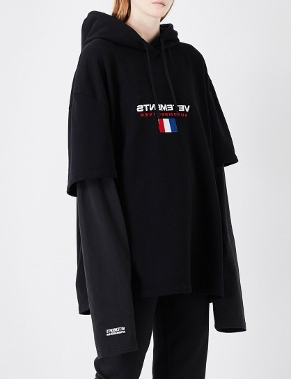 VETEMENTS Double-sleeve cotton-blend hoody | black logo hoodie | oversized designer hoodies | streetwear - flipped