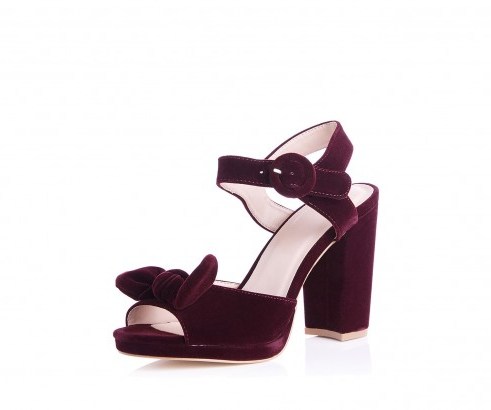 OASIS VIXEN VELVET BOW HEEL – dark red chunky sandals – burgundy shoes - flipped