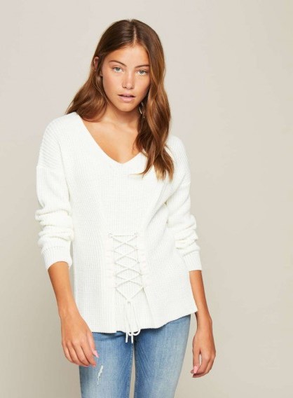 Miss Selfridge V-Neck Corset Knitted Jumper | cream front lace up jumpers | on-trend knitwear - flipped