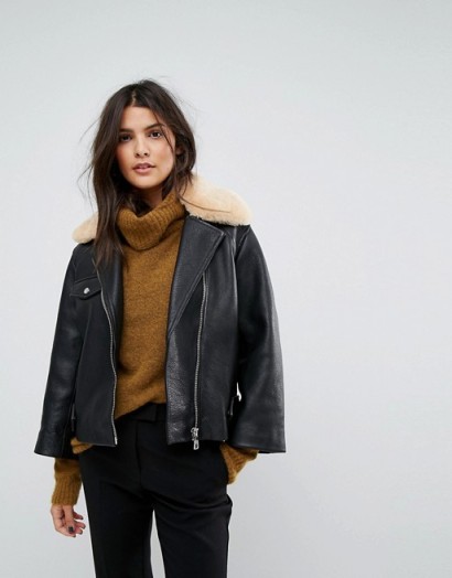Whistles Wide Sleeve Leather Jacket ~ stylish fur collar jackets