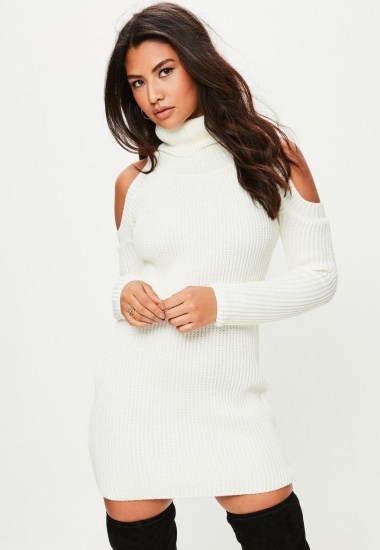 missguided white cold shoulder knitted jumper dress – high neck sweater dresses – winter fashion - flipped