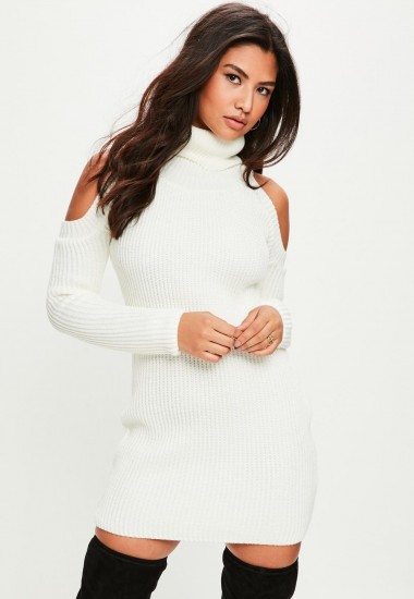 missguided white cold shoulder knitted jumper dress – high neck sweater dresses – winter fashion