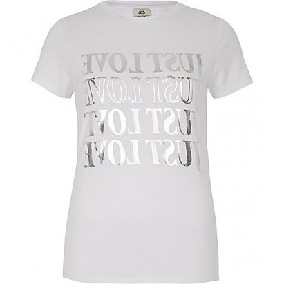 River Island White ‘just love’ foil print fitted T-shirt / slogan t-shirts - flipped