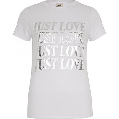 River Island White ‘just love’ foil print fitted T-shirt / slogan t-shirts